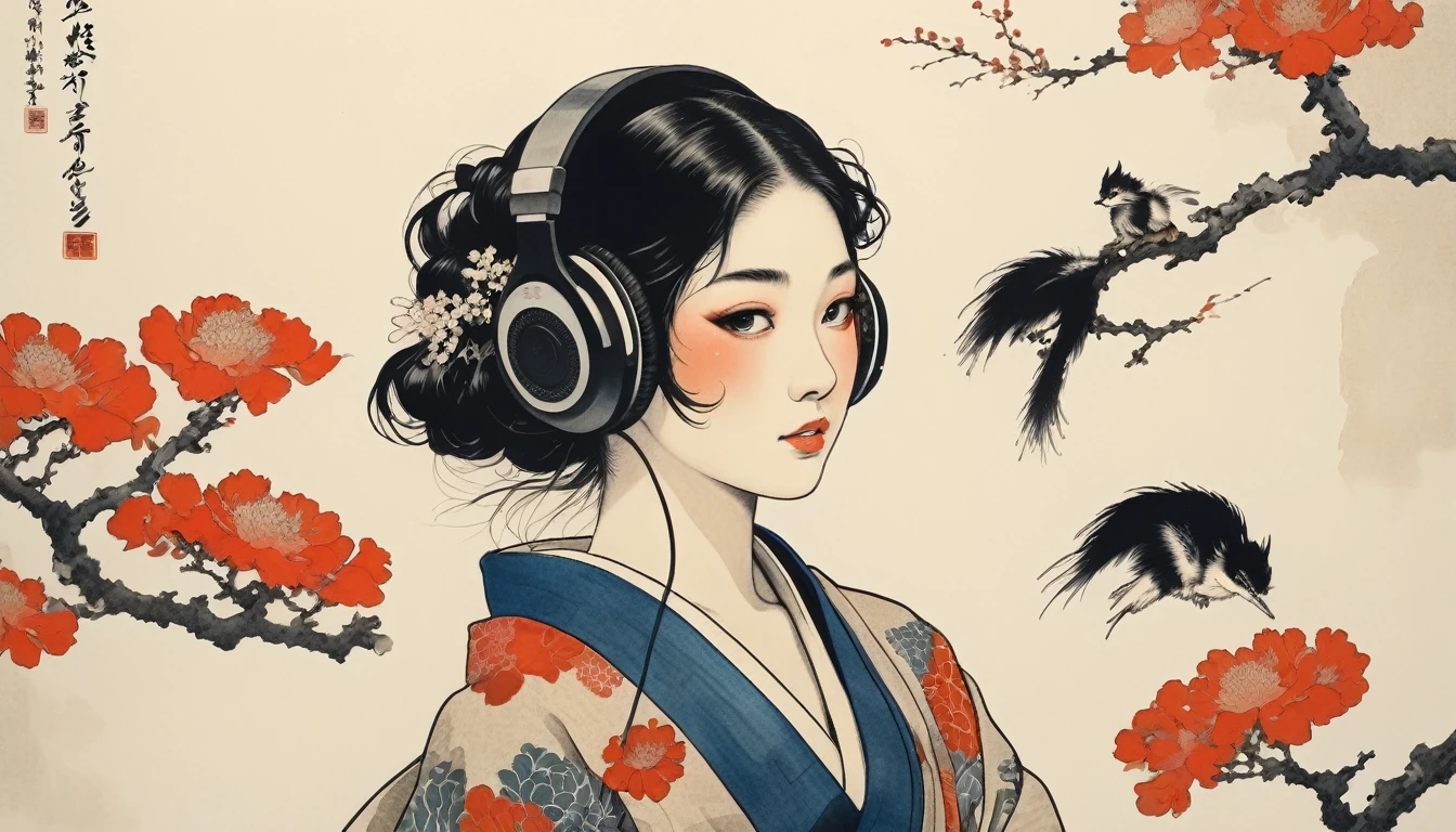 sunglasses, TATOO on the face, Highest quality, Katsushika Hokusai, Ink Painting, (((1 girl))), Japanese style headphones, beautiful girl, Black Hair, Delicate and precise, Modern ukiyo-e style, Japan