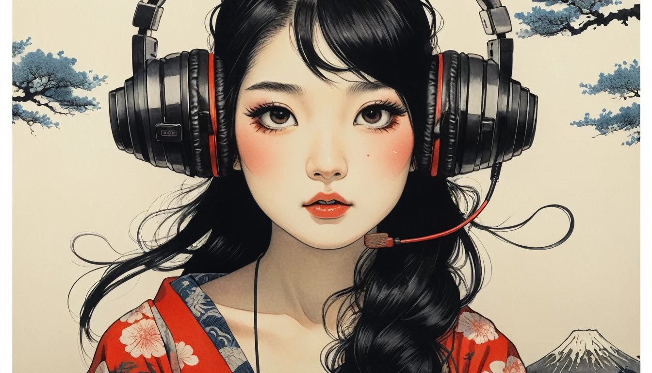 sunglasses, TATOO on the face, Highest quality, Katsushika Hokusai, Ink Painting, (((1 girl))), Japanese style headphones, beautiful girl, Black Hair, Delicate and precise, Modern ukiyo-e style, Japan