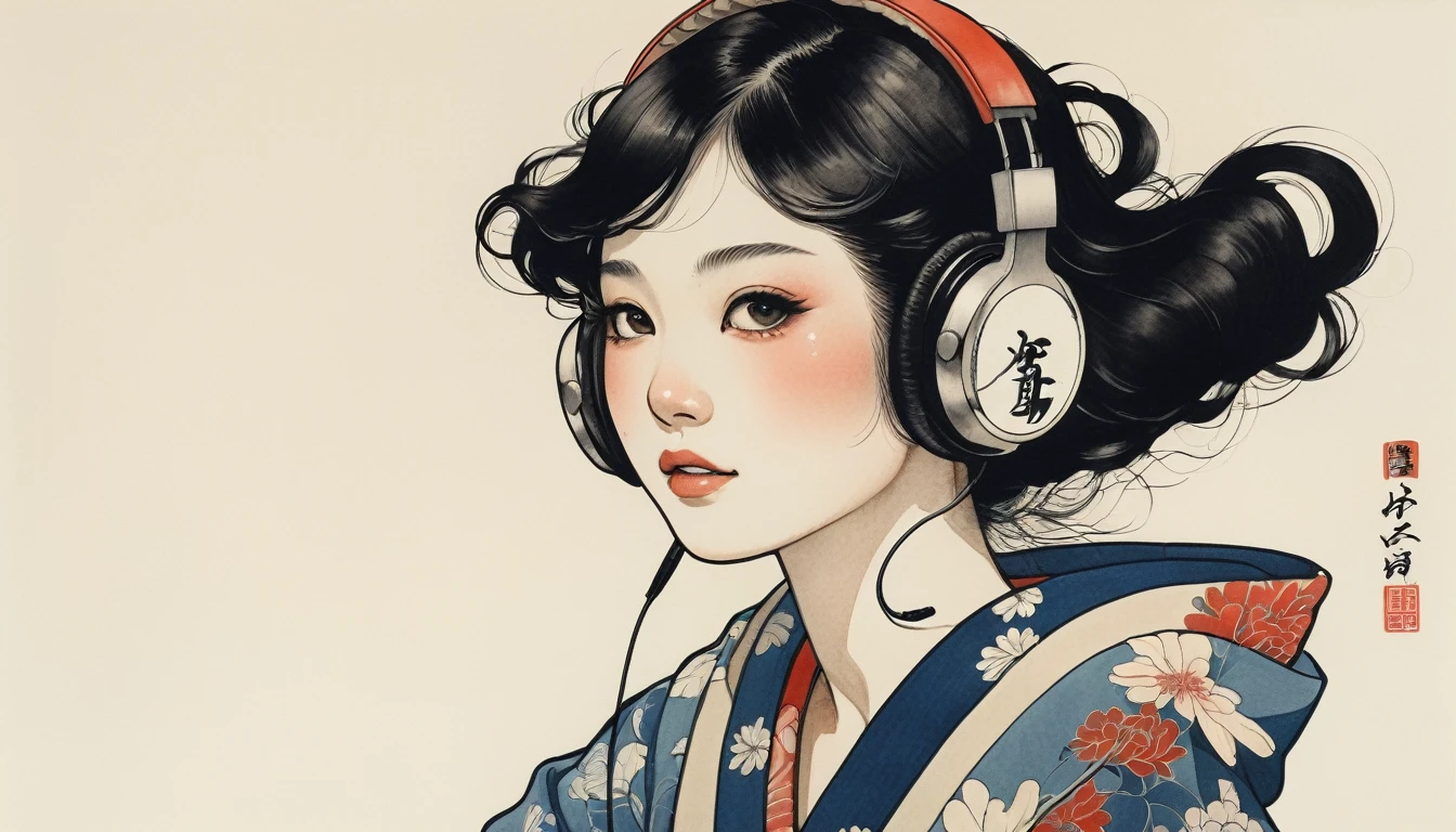 sunglasses, TATOO on the face, Highest quality, Katsushika Hokusai, Ink Painting, (((1 girl))), Japanese style headphones, beautiful girl, Black Hair, Delicate and precise, Modern ukiyo-e style, Japan