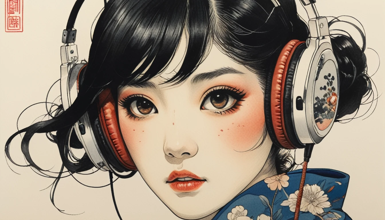 sunglasses, TATOO on the face, Highest quality, Katsushika Hokusai, Ink Painting, (((1 girl))), Japanese style headphones, beautiful girl, Black Hair, Delicate and precise, Modern ukiyo-e style, Japan