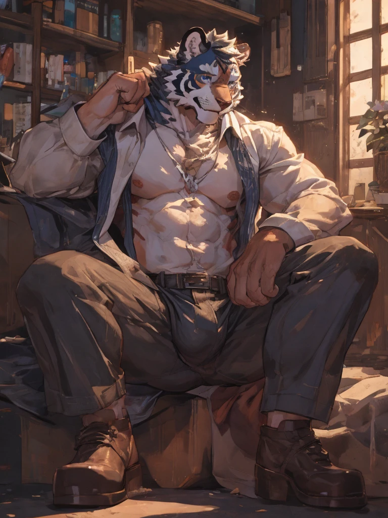 {{bara extremely handsome white tiger,}} {{white fur,}} white, wearing ornate trench coat, trousers, white dress shirt and necktie, white fluffy furry body and limbs, loafers, very tall, very broad shoulders, narrow waist, muscular arms, massive pecs, purple eyes, very long legs, sitting on swivel chair with legs spread, from below perspective, massive bulge, sophisticated hot look, sexy pose, full body, sunlight casting over, 3/4 view, best quality, high quality, silver earring on left ear, sultry smirk