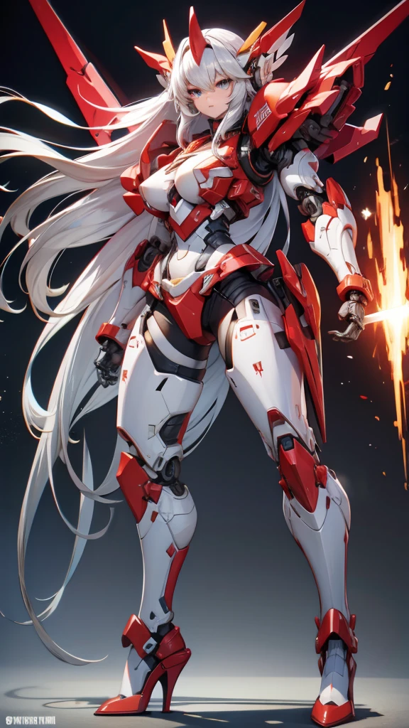 Huge mecha with long white hair，Chest，Full body red armor，helmet，female robot，mechanical joint，Thruster，high heels，Sci-fi city