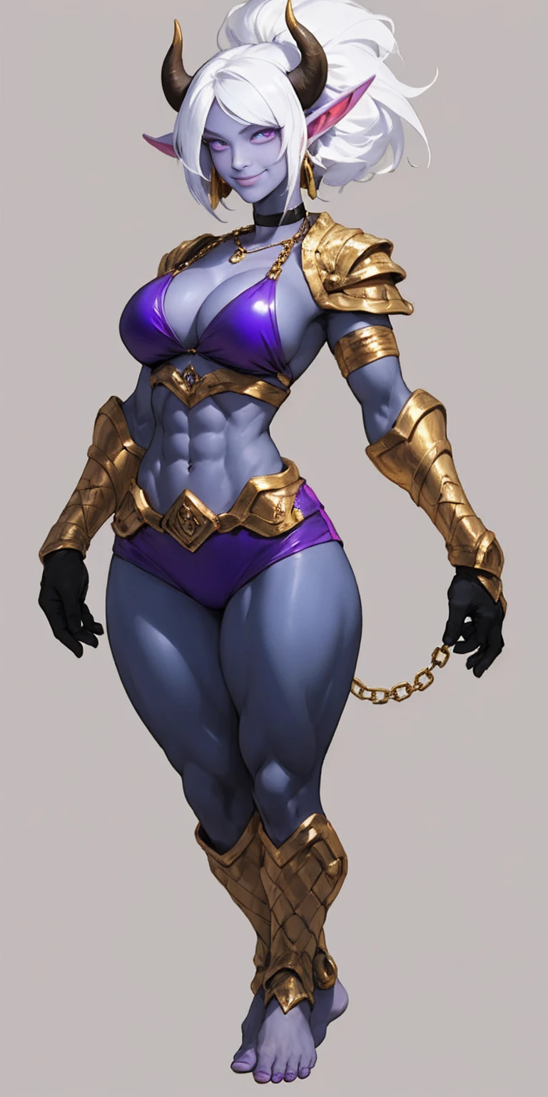 ((plain background:1.2, 1sologirl)) full body standing barefoot hands on waist navel, purple skin, drow, elf, Madura, Detailed happy face, purple eyes, white hair bob style, gold bikini, well defined six pack abs, Large knockers, black leather choker with gold cow bell, gold chain necklace, golden bracers on feet and arms, golden gloves