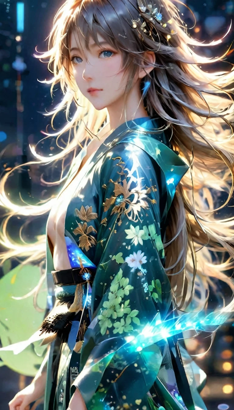 (masterpiece), (Highest quality), (good quality), Intricate details, Earrings, Ray Tracing, (light green kimono、Light blue semi-long hair　1.8 ), (Bokeh), (Depth of written boundary), Happi, ((Medium chest)), No makeup,Night Sky