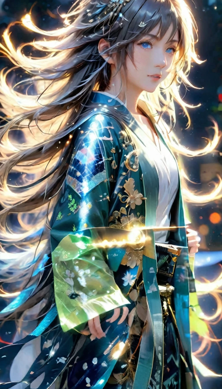 (masterpiece), (Highest quality), (good quality), Intricate details, Earrings, Ray Tracing, (light green kimono、Light blue semi-long hair　1.8 ), (Bokeh), (Depth of written boundary), Happi, ((Medium chest)), No makeup,Night Sky