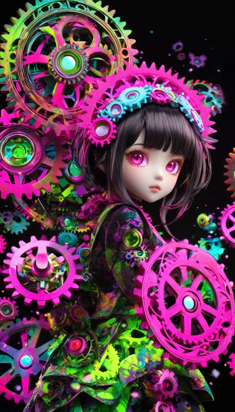 best quality, super fine, 16k, 2.5D, delicate and dynamic depiction, large gears of different colors, meshing together in various sizes, fluorescent pink and fluorescent green digital number patterns, the gears and digital numbers work together to create a new worldview, a colorful dark fantasy, beautiful Karakuri dolls, Karakuri effects, slow motion effects, stop motion effects