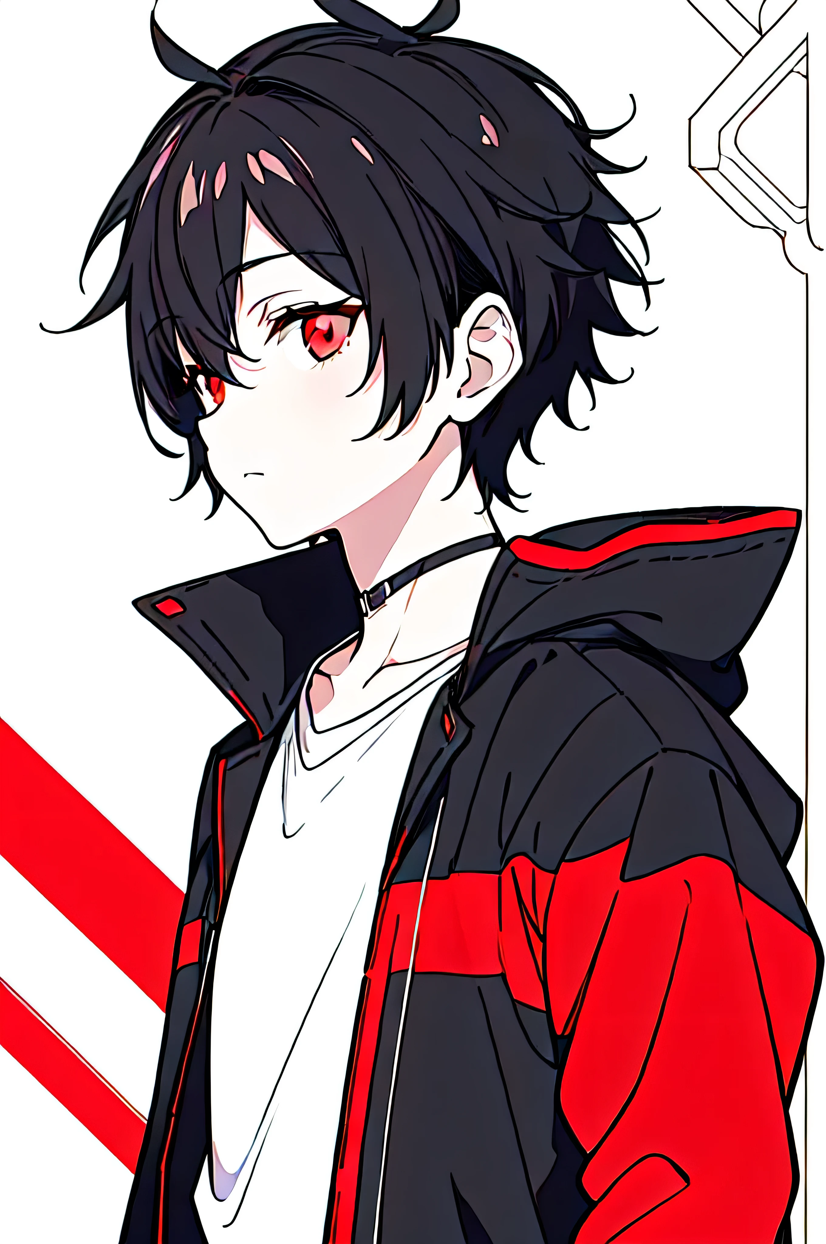 [(WHITE BACKGROUND:1.5),::5], ((((masterpiece)))), high quality, ultra_very_high_resolution, large_filesize, (upper body), (red base), full color, ((solo)), ((little boy)), (((black short hair))), red eyes, anime, neon light, black parka,