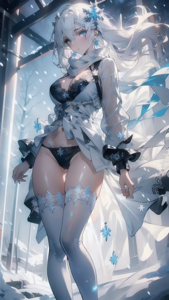 ((masterpiece, best quality)), Epic battlefield atmosphere,Delicate face,Snow Woman,winter,Snow Mountain,whole body,Standing picture,glowing white eyes,Large Breasts,Perfect body proportions,Pure white background,firefly,Snow,snowflake,Edelweiss,Lace,Transparent sex bikini