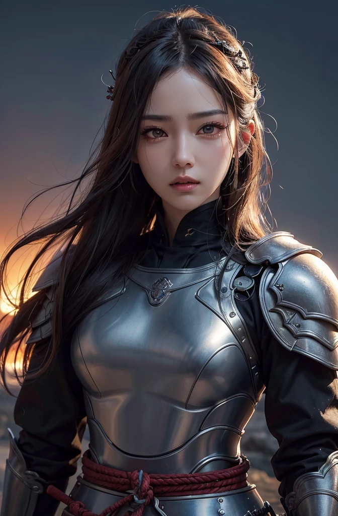 (Better Quality, Highs:-, Super detailed), Realistic, High resolution, solve, Detailed eyes and face, Detailed lips, Long eyelashes, juuichi , Beautiful Features, Curved body, Samurai costume and armor,Look directly at the viewer, intense expression, emotional expression, Mysterious atmosphere