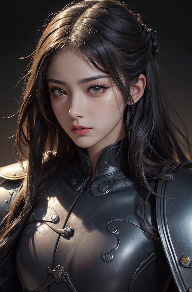 (Better Quality, Highs:-, Super detailed), Realistic, High resolution, solve, Detailed eyes and face, Detailed lips, Long eyelashes, juuichi , Beautiful Features, Curved body, Samurai costume and armor,Look directly at the viewer, intense expression, emotional expression, Mysterious atmosphere