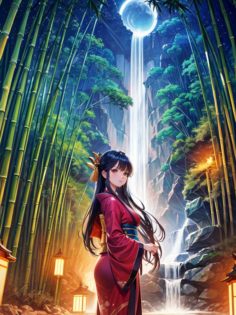 Highest quality,Highest Resolution,(((Bamboo grove))),(((waterfall))),Night Sky,(((meteor))),full moon,Beautiful girl in kimono,Fantasy,Red Torii Gate,