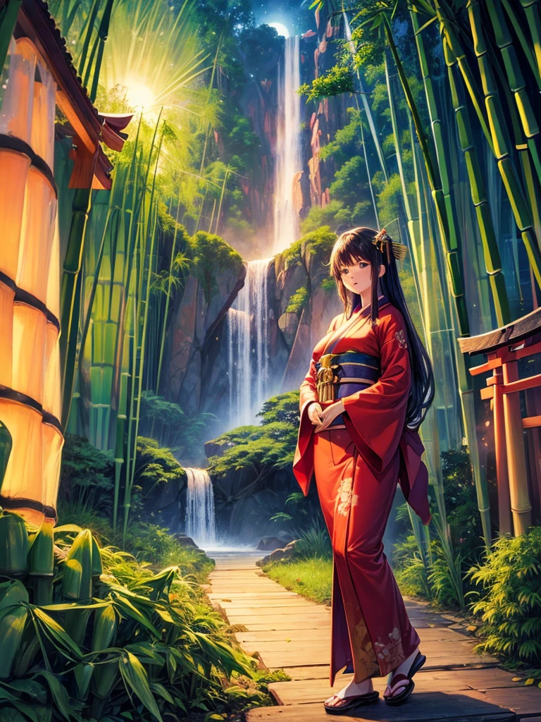 Highest quality,Highest Resolution,(((Bamboo grove))),(((waterfall))),Night Sky,(((meteor))),full moon,Beautiful girl in kimono,Fantasy,Red Torii Gate,