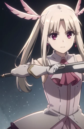 Illyasviel von Neinzbern, Illyasviel von Einzbern, Long Hair,Big Breasts、 Blonde, (Red eyes:1.3), (Parted bangs:1.5), smile,
break hair ornament, gloves, dress, jewelry, Earrings, Removable sleeves, Ascot, Magical girl, feather, pink dress, Feather hair ornament, プリズマ☆イリヤ,
break indoors,
break looking at viewer, (Cowboy Shot:1.5), Dynamic pose,
break (masterpiece:1.2), Highest quality, High resolution, unity 8k wallpaper, (figure:0.8), (Beautiful attention to detail:1.6), Highly detailed face, Perfect lighting, Highly detailed CG, (Perfect hands, Perfect Anatomy),