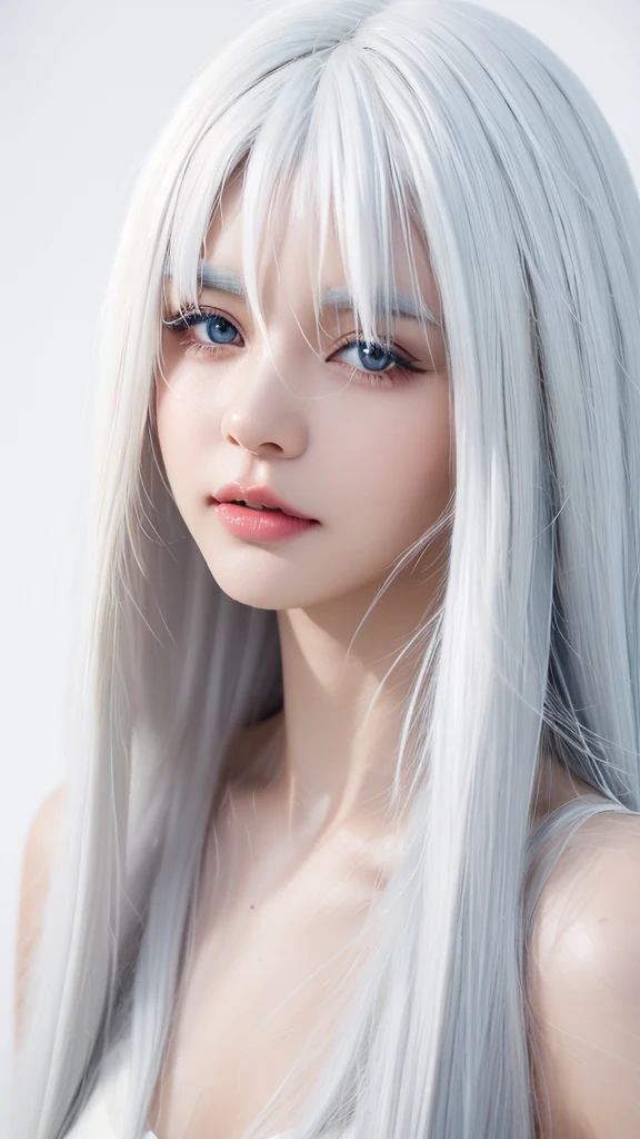 leogirl, cute dark skin 1girl, long tousled white hair, biting lips, seductive forward lean, delicate skin, delicate face, real, realistic, 1girl,white hair,blue background,upper body, (((ton skin))), (((white hair)))