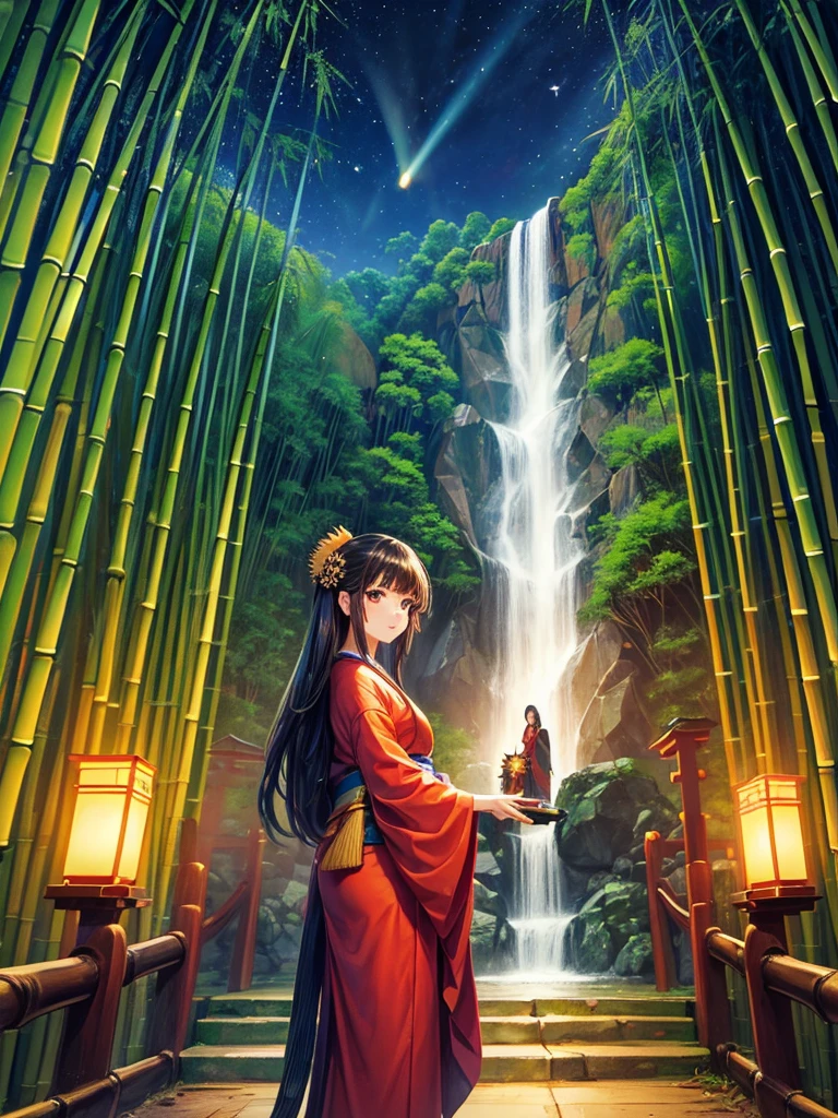 Highest quality,Highest Resolution,(((Bamboo grove))),(((waterfall))),Night Sky,(((meteor))),full moon,Beautiful girl in kimono,Fantasy,Red Torii Gate,