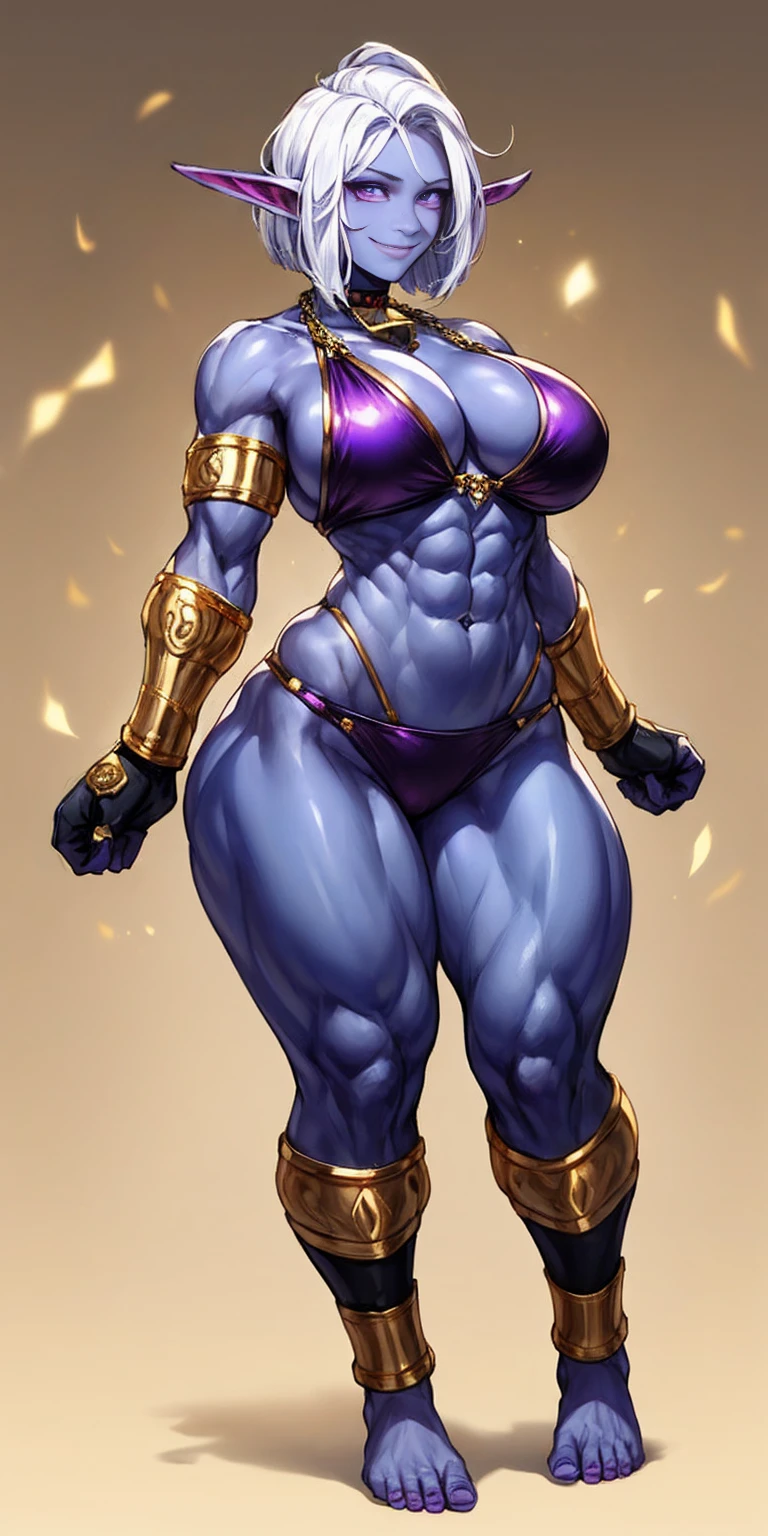 ((plain background:1.2, 1sologirl)) full body standing barefoot hands on waist navel, purple skin, drow, elf, Madura, Detailed happy face, purple eyes, white hair bob style, gold bikini, well defined six pack abs, Large knockers, black leather choker with gold cow bell, gold chain necklace, golden bracers on feet and arms, golden gloves