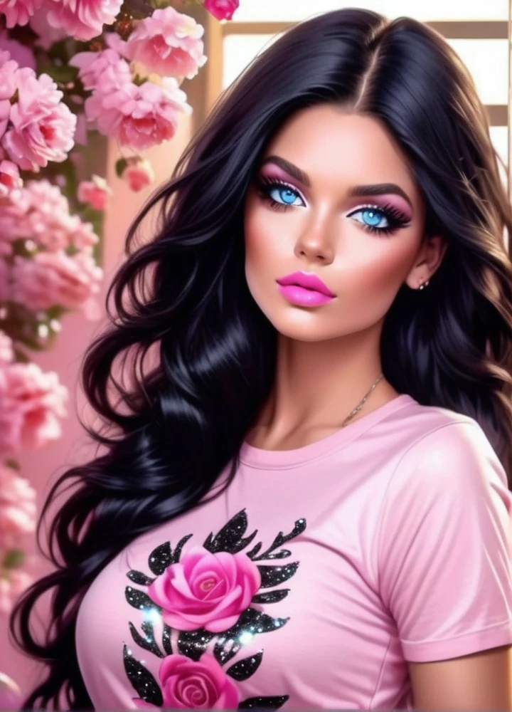 Pink tee shirt with black glitter and flowers worn with riped u sexy style jeans  poercing blue eyes long black thick hair sparkling glitter eye makeup long black eyelashes pink lipstick ultra detailed 8k best quality most beautiful european beauty every mans fantasy she is in a jewelry store buying 