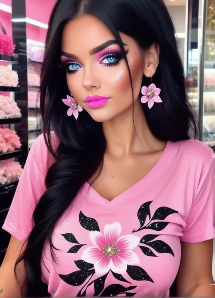 Pink tee shirt with black glitter and flowers worn with riped u sexy style jeans  poercing blue eyes long black thick hair sparkling glitter eye makeup long black eyelashes pink lipstick ultra detailed 8k best quality most beautiful european beauty every mans fantasy she is in a jewelry store buying 