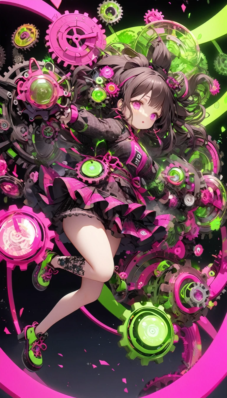 best quality, super fine, 16k, 2.5D, delicate and dynamic depiction, large gears of different colors, meshing together in various sizes, fluorescent pink and fluorescent green digital number patterns, the gears and digital numbers work together to create a new worldview, a colorful dark fantasy, beautiful Karakuri dolls, Karakuri effects, slow motion effects, stop motion effects