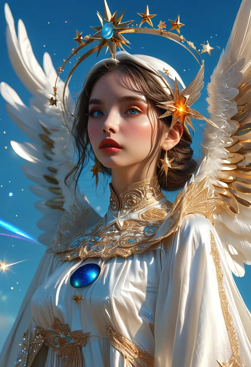 1girl, beautiful detailed eyes, beautiful detailed lips, extremely detailed face and skin, elaborate star headpiece, orbit, clean background, (best quality, 4k, 8k, highres, masterpiece:1.2), ultra-detailed, realistic, photorealistic, photo-realistic:1.37, 3D, professional, vivid colors, studio lighting, The woman who turns into a giant angel rises to peace by greeting people, deep blue sky, heaven