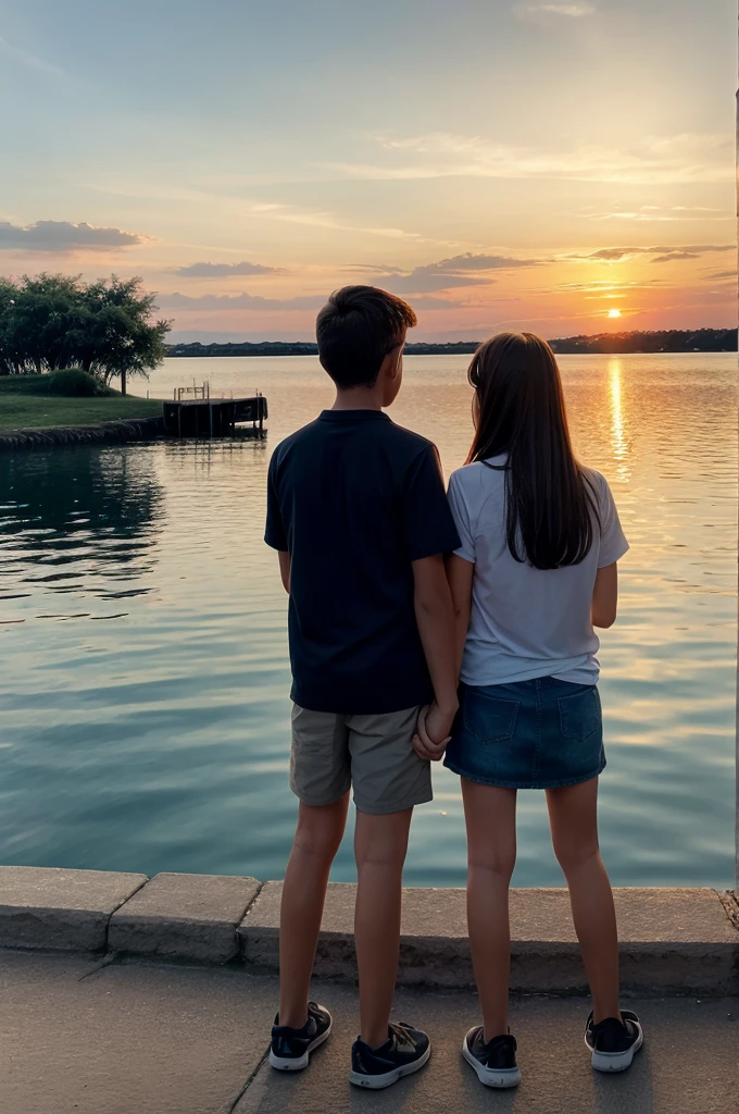 A girl and boy they love the sunset and observe it out side the lake
