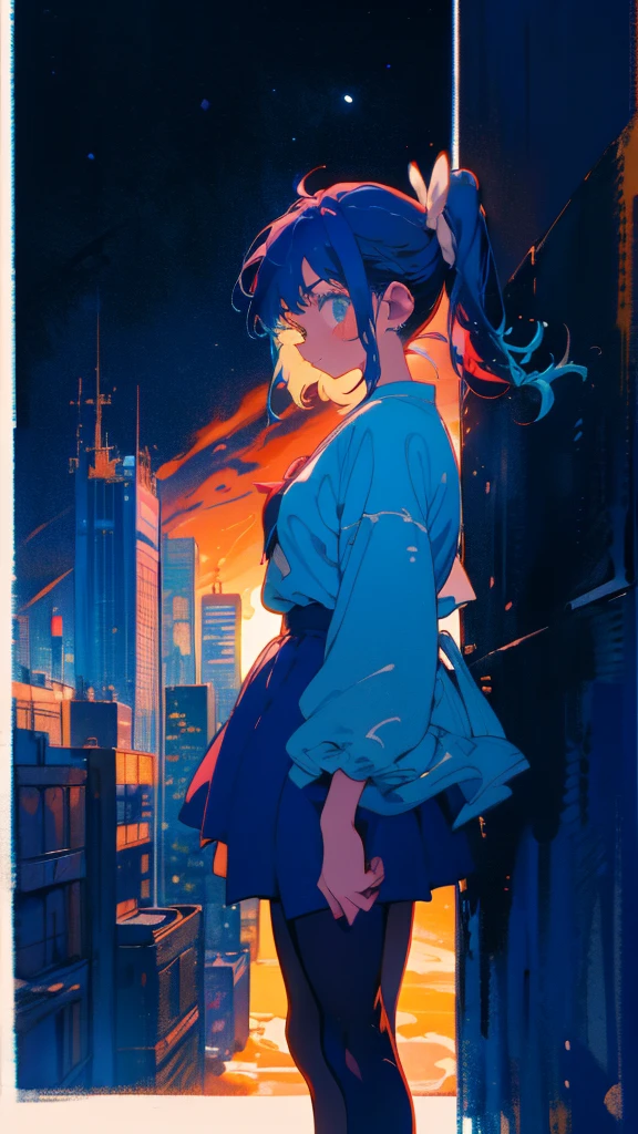 Blue-haired side ponytail,Design clothing,Seven-doppelganger shot,Anime style 4K,Anime girl with teal hair,High quality anime art style,Standing painting,Splash ink background,Blue Themes、Pure white background,Buildings,Face close-up,Buildings,Moon and sun、sunset