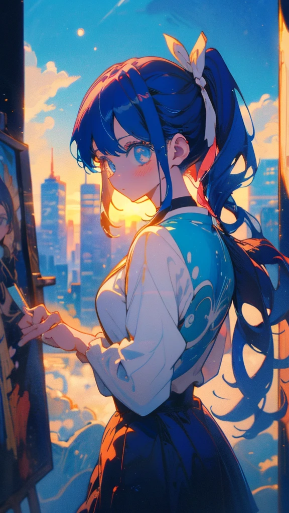 Blue-haired side ponytail,Design clothing,Seven-doppelganger shot,Anime style 4K,Anime girl with teal hair,High quality anime art style,Standing painting,Splash ink background,Blue Themes、Pure white background,Buildings,Face close-up,Buildings,Moon and sun、sunset
