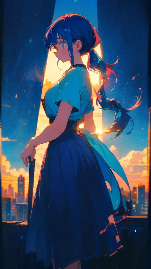 Blue-haired side ponytail,Design clothing,Seven-doppelganger shot,Anime style 4K,Anime girl with teal hair,High quality anime art style,Standing painting,Splash ink background,Blue Themes、Pure white background,Buildings,Face close-up,Buildings,Moon and sun、sunset
