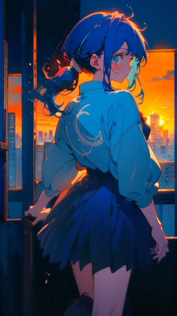 Blue-haired side ponytail,Design clothing,Seven-doppelganger shot,Anime style 4K,Anime girl with teal hair,High quality anime art style,Standing painting,Splash ink background,Blue Themes、Pure white background,Buildings,Face close-up,Buildings,Moon and sun、sunset