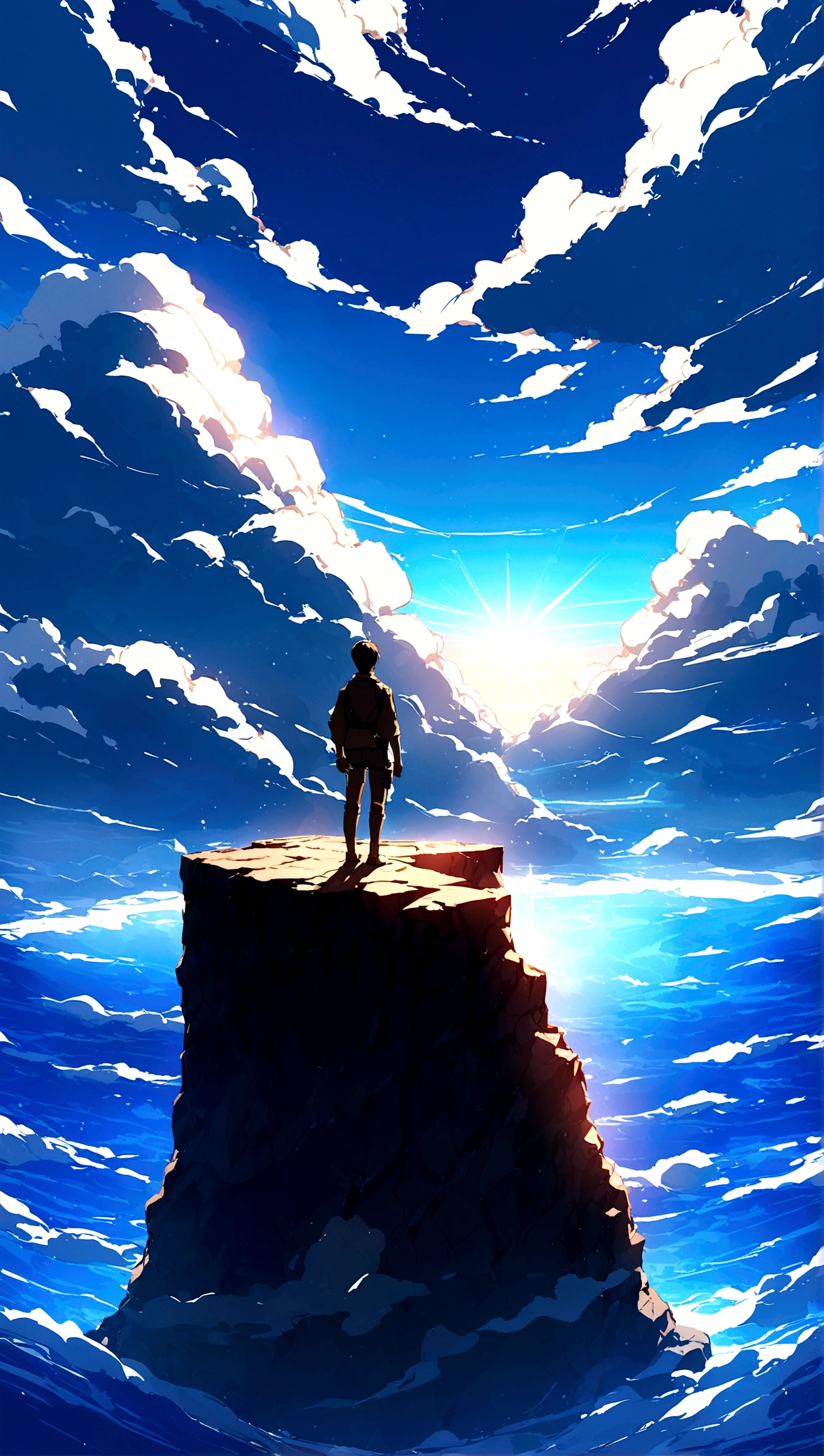 Eren from Attack on Titan standing on a cliff, pointing towards the vast sea under a bright blue sky with scattered clouds