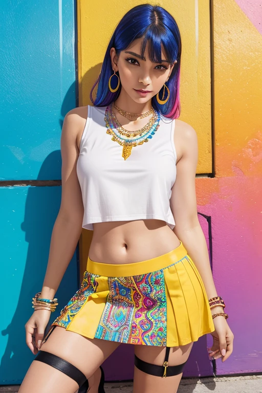 best quality, masterpiece, sleeveless tee, Tight, belly button exposed, H-shaped skirt that reveals more than 10cm above the knees, High heels that are very flashy and have a heel of more than 7 cm., large, colorful necklace, large and colorful earrings, large and colorful bracelets, Stockings with colorful and unconventional colors and patterns, Underwear with flashy and unconventional colors, patterns and shapes