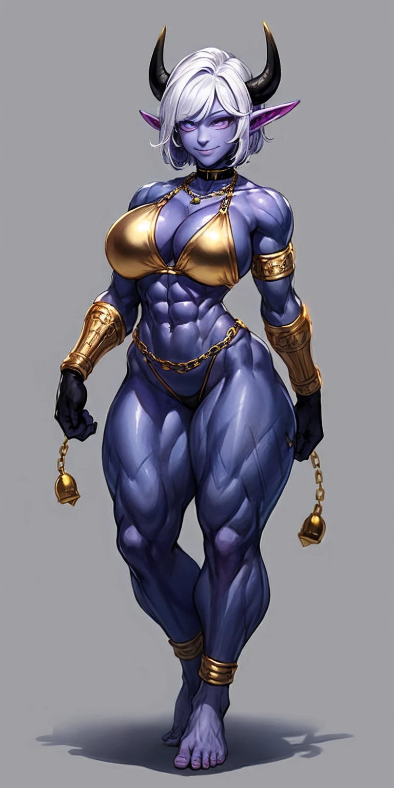 ((plain background:1.2, 1sologirl)) full body standing barefoot hands on waist navel, purple skin, drow, elf, Madura, Detailed happy face, purple eyes, white hair bob style, gold bikini, well defined six pack abs, Large knockers, black leather choker with gold cow bell, gold chain necklace, golden bracers on feet and arms, golden gloves