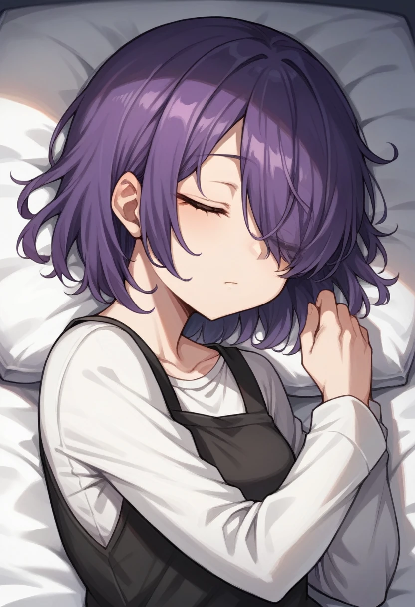 score_9, score_8_up, score_7_up, score_6_up, score_5_up, score_4_up, BREAK source_anime, one anime girl, blue eyes, dark purple hair, medium hair, hair covers one eye, dark clothes, sleeping, both eyes closed