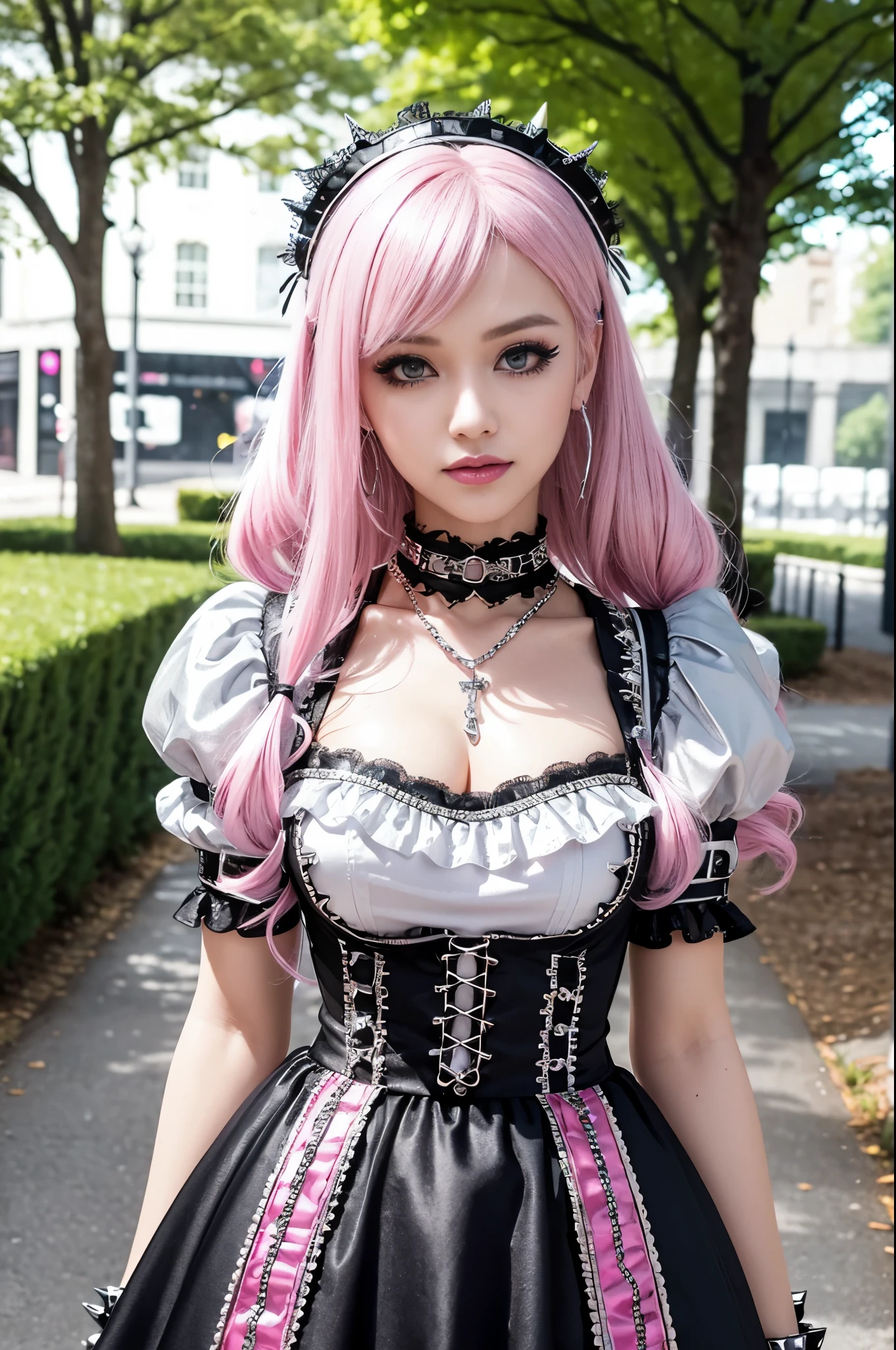 sexy stylish Swedish model, only 1 female, ((doll-like appearance)), very short neon pink stylish hair, ((shiny Punk-Style boots)), (happy smile), ultra detailed eyes, long lashes, metallic makeup, lip-gloss, ((sexy Punk ta cosplay)), unconventional skirt, petticoats, high neckline, ((ultra detailed lace)), ((ultra detailed embroidery)), intricate details, tartan patterns, (silver chains), (silver spikes), Punk Loliccessoires, Punk Lolita cr, ((large sparkling Punk Lolita jewel, cinematic light, detailed large park background with trees