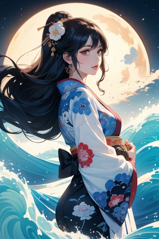 (Highest quality、masterpiece、High resolution、8K)、Ukiyo-e、Vibrant colors、Katsushika Hokusai、1 female、Long Black Hair、The kimono has a vivid floral pattern on a white background.、White waves and Mt. Fuji、Reddish Fuji、White waves, the moon and a woman、White waves, a boat and a woman、White waves, a woman and a seagull、Official Art、背景はUkiyo-e風