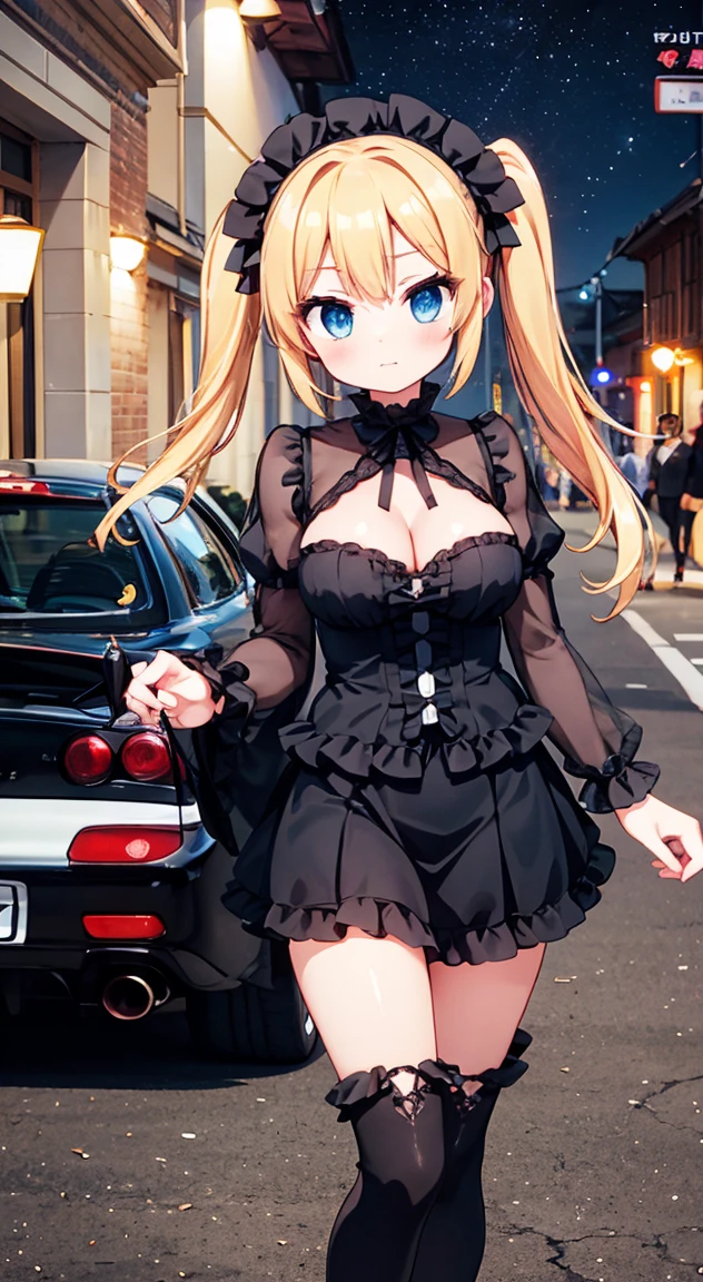 masterpiece, Highest quality, (anime screencap:1.3),(shape), cute,(Simple:1), (anime:1.2),Solo Sharp Focus, 1 Girl, Cleavage,night,((car,mazda RX-7 FD3S animestyle1.3))（Starlight,Starry Sky 1.1）,blonde,((mini skirt)), Twin tails,summer ,((Black Gothic Costume)),Red ribbon,Gothic,,Black ****ta Fashion,Gothic Bonnet,Hair Ribbon,Cowboy Shot,Daytime,,,Large Breasts,,（Absolute region 1.1),（Braided Boots 1.1),Browsing Caution,