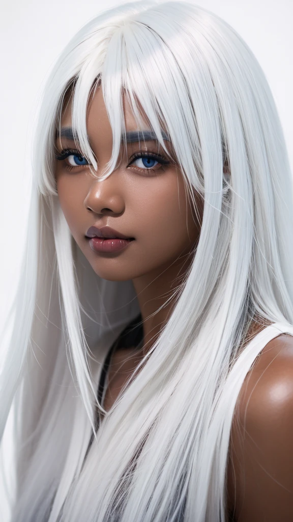 leogirl, cute dark skin 1girl, long tousled white hair, biting lips, seductive forward lean, delicate skin, delicate face, real, realistic, 1girl,white hair,blue background,upper body, (((black skin))), (((white hair)))