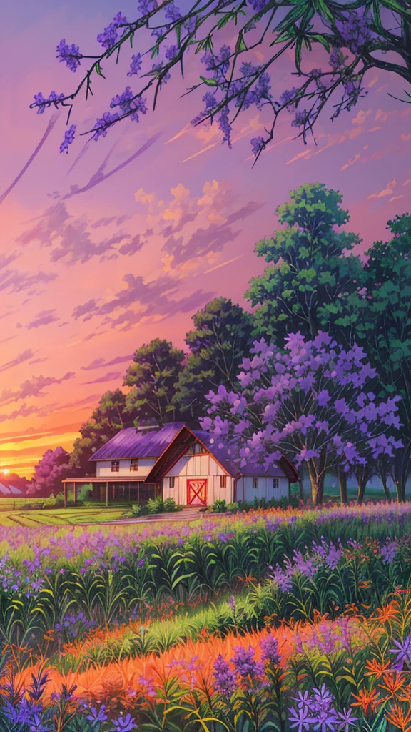 Farm land scenery filled with purple wild flowers, green trees and beautiful orange sky and bungalow with blue roof