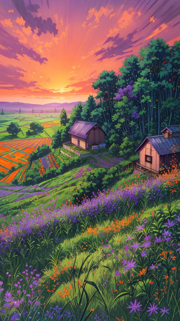 Farm land scenery filled with purple wild flowers, green trees and beautiful orange sky and bungalow with blue roof