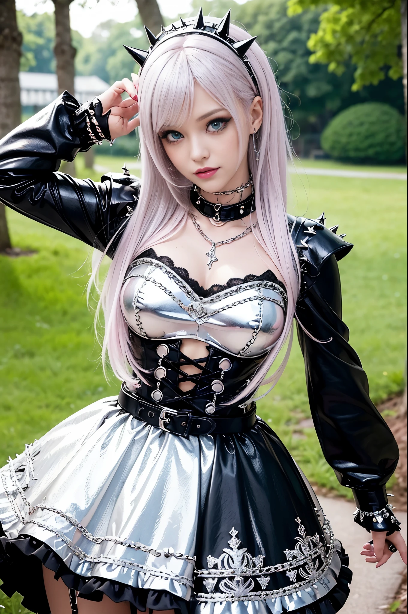 sexy stylish Swedish model, only 1 female, ((doll-like appearance)), very short neon pink stylish hair, ((shiny Punk-Style boots)), (happy smile), ultra detailed eyes, long lashes, metallic makeup, lip-gloss, ((sexy Punk Lolita cosplay)), unconventional skirt, petticoats, high neckline, ((ultra detailed lace)), ((ultra detailed embroidery)), intricate details, tartan patterns, (silver chains), (silver spikes), Punk Lolita accessoires, Punk Lolita choker, ((large sparkling Punk Lolita jewelry)), cinematic light, detailed large park background with trees