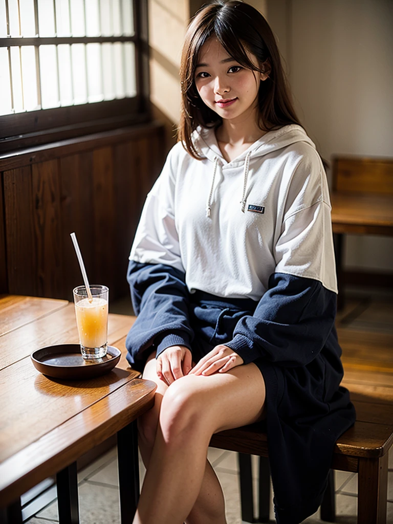 Cafe,Drink a drink,face down,smile,Japanese women,semi-long,hoodie,cute