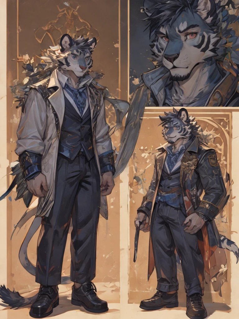 {{bara extremely handsome white tiger,}} {{white fur,}} white, wearing elegant ornate suit jacket, trousers, white dress shirt and necktie, white fluffy furry body and limbs, loafers, very tall, very broad shoulders, narrow waist, muscular arms, massive pecs, purple eyes, very long legs, massive bulge, sophisticated hot look, full body, 3/4 view, best quality, high quality, silver earring on left ear, sultry smirk, multiple views, character sheet