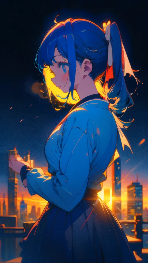 Blue-haired side ponytail,Design clothing,Seven-doppelganger shot,Anime style 4K,Anime girl with teal hair,High quality anime art style,Standing painting,Splash ink background,Blue Themes、Pure white background,Buildings,Face close-up,Buildings,Moon and sun、sunset