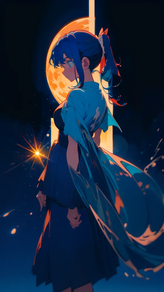 Blue-haired side ponytail,Design clothing,Seven-doppelganger shot,Anime style 4K,Anime girl with teal hair,High quality anime art style,Standing painting,Splash ink background,Blue Themes、Pure white background,Buildings,Face close-up,Buildings,Moon and sun、sunset