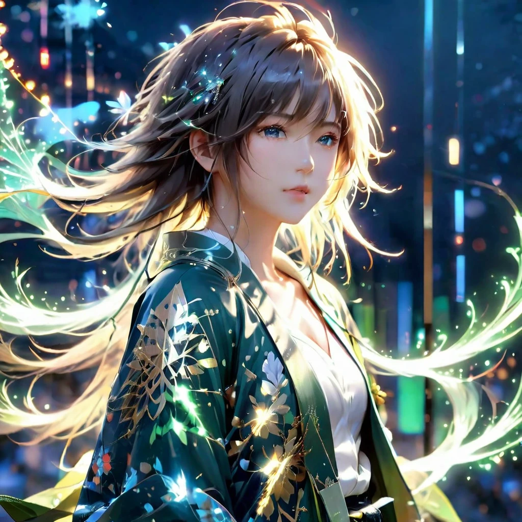 (masterpiece), (Highest quality), (good quality), Intricate details, Earrings, Ray Tracing, (light green kimono、Light blue semi-long hair 1.8 ), (Bokeh), (Depth of written boundary), Happi, ((Medium chest)), No makeup,Night Sky