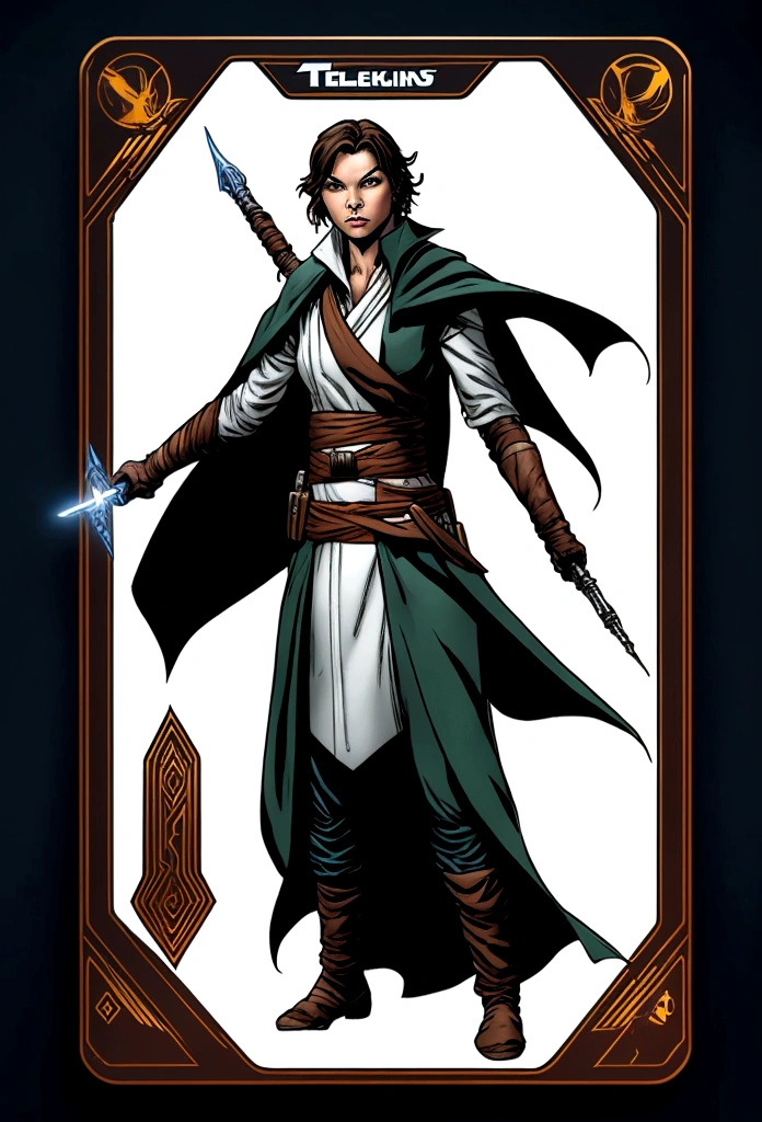 The design of the telekinesis card in the form of a Jedi who stands in the style of comics of the 90s, in 2d, on a white background.