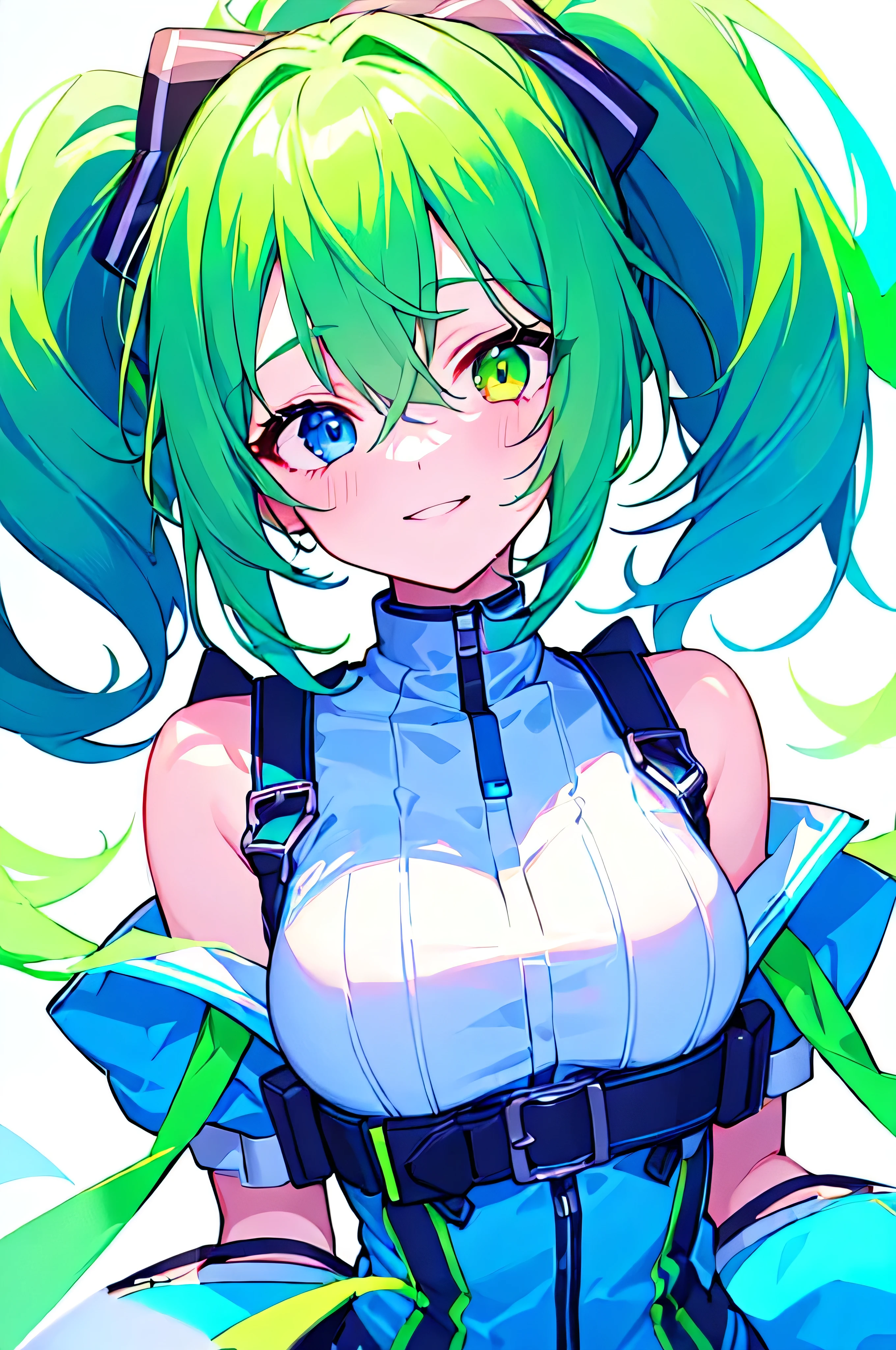 [(WHITE BACKGROUND:1.5),::5], ((((masterpiece)))), high quality, very_high_resolution, large_filesize, full color, ((girl)), 15 old year, (short neon blue and green two gradation hair), short ponytail, vivid color, neon blue and green heterochromic eye, civilian clothes white, anime, smile, 