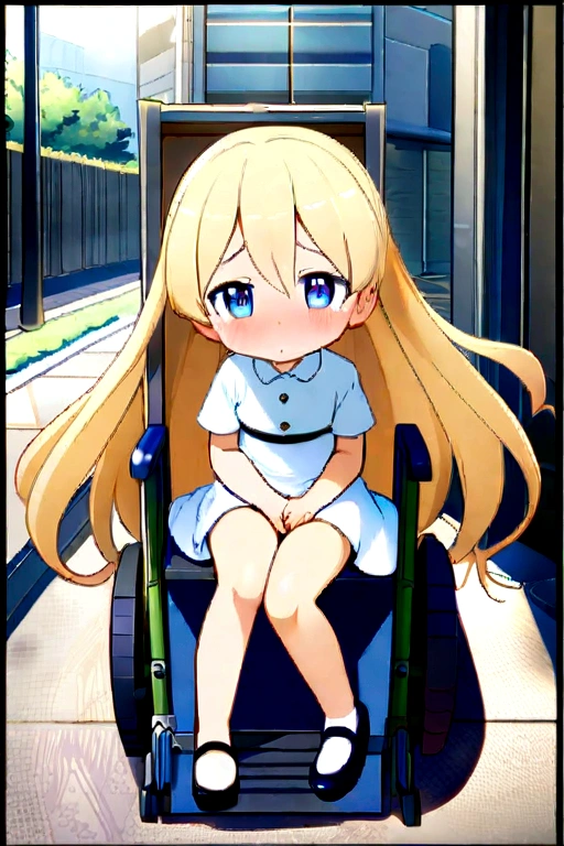 Anime. 1 girl. . . . Princess. Blonde. Long hair. Blue eyes. Beautiful eyes. Perfect eyes. Expressive eyes. Eyes covered with a faded film. Blind eyes. Blind. Ideal face. Ideal anatomical body. Beautiful long legs. Beautiful body. Beautiful nose. 12 ybarrassment. Blush. Beautiful character design. Shiny skin. Light white dress. Shoes. Hair decorations. Disabled person. Paralytic. Sitting. Wheelchair. Hands on crotch. Urinary incontinence. Wants to pee. She needs to pee. She has a strong, desperate urge to pee. He squeezes his crotch tightly. Rubs copper. Slight lean forward. She peed herself. Fantasy city. A park. Date. At the entrance to a public toilet. He takes off his wet panties. Tears in my eyes. Cry. Snot flows from the nose. Full body. nsfw. Official art. Extremely detailed CG Unity 8k wallpaper. Ideal lighting. Ultra high resolution 4K. Super detailed 8K. A high resolution.
