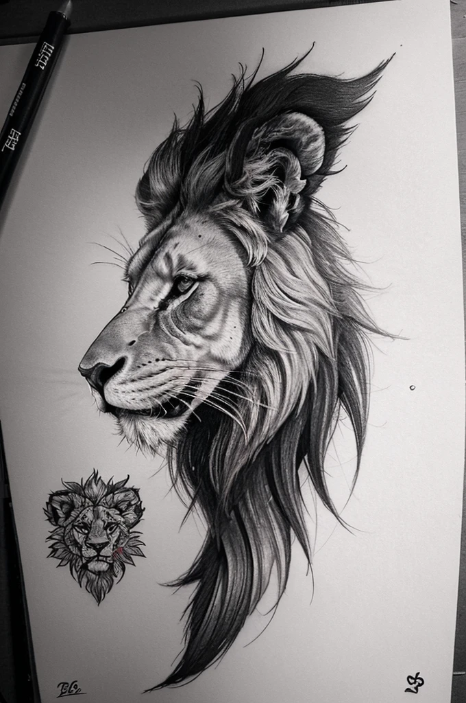 Close-up of a drawing of a lion with a heart, 2D lion in full growth, realistic tattoo drawing, realism Tattoo sketch, Tattoo sketch, Tattoo sketch, High-quality sketch, realism design tattoos, design tattoos sketch, black and white detailed sketch, ink, ✏️🎨, high detail drawing, design tattoos, medium sized Tattoo sketch
