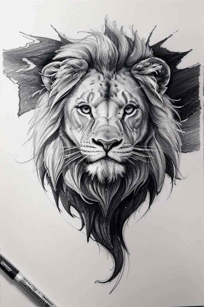 Close-up of a drawing of a lion with a heart, 2D lion in full growth, realistic tattoo drawing, realism Tattoo sketch, Tattoo sketch, Tattoo sketch, High-quality sketch, realism design tattoos, design tattoos sketch, black and white detailed sketch, ink, ✏️🎨, high detail drawing, design tattoos, medium sized Tattoo sketch